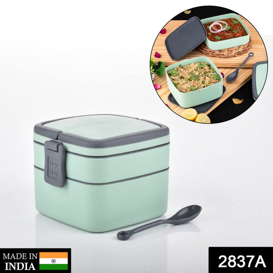 2837A GREEN DOUBLE-LAYER PORTABLE LUNCH BOX STACKABLE WITH CARRYING HANDLE AND SPOON LUNCH BOX , Bento Lunch Box 