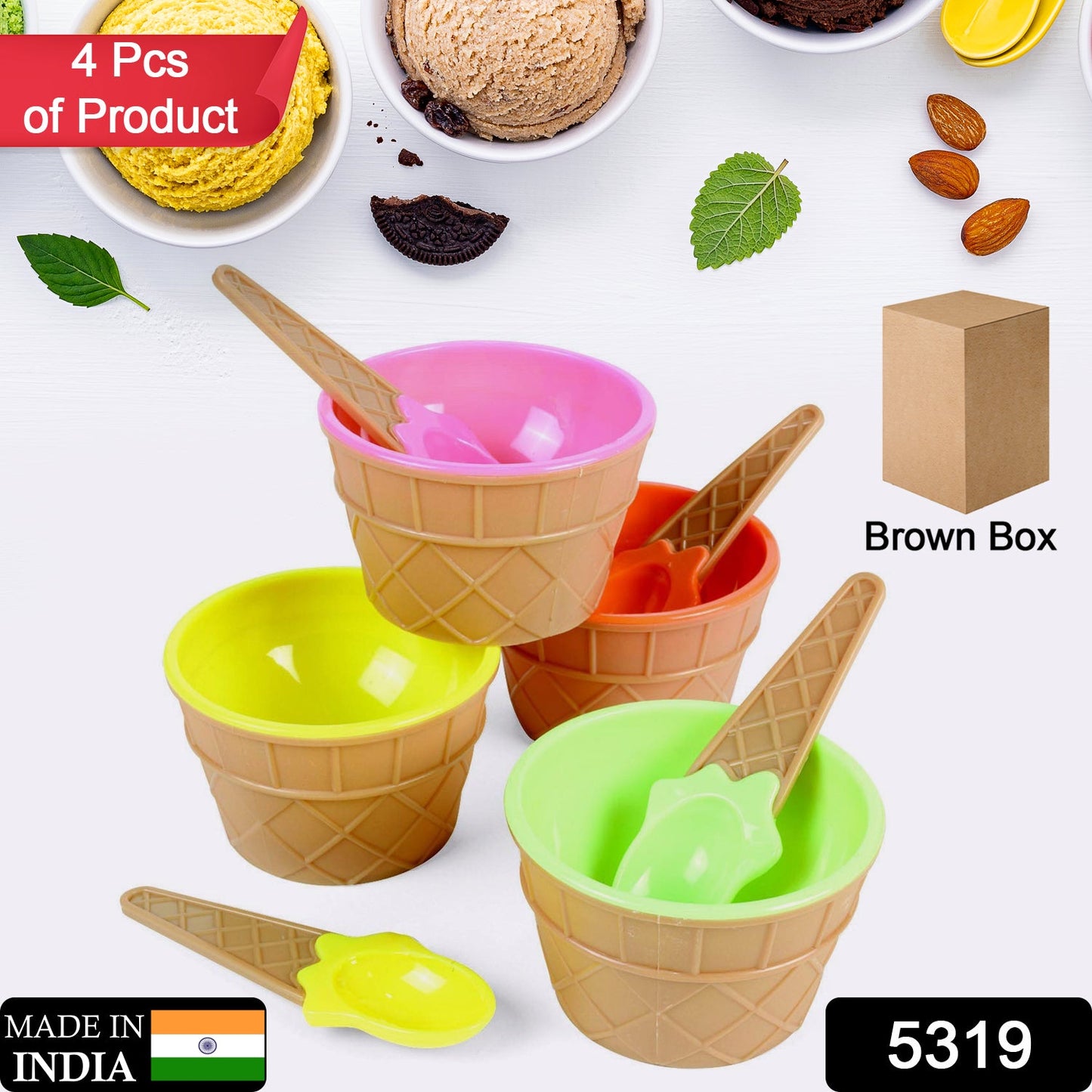 5319  4 pc Ice Cream Bowl Plastic Solid Colour Cream Cup Couple Bowl with Spoon. Ice Cream Spoon & Bowl Set, 4 Pc Set of Ice Cream Bowl & Spoon (Multi Color) 