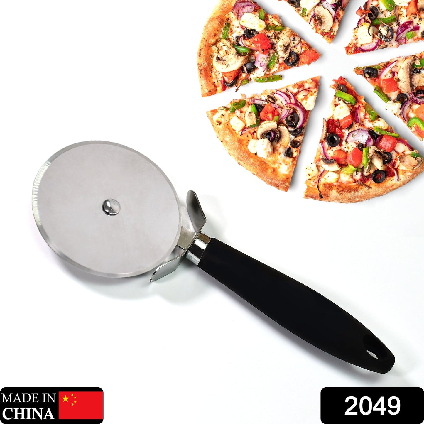 2049 Stainless Steel Pizza Cutter with black handle, Sandwich & Pastry Cutter, Sharp, Wheel Type Cutter. 