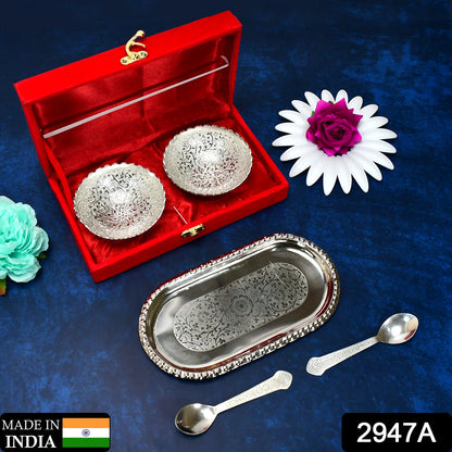 2947A Silver Plated 2 Bowl 2 Spoon Tray Set Brass with Red Velvet Gift Box Serving Dry Fruits Desserts Gift, Bartan 