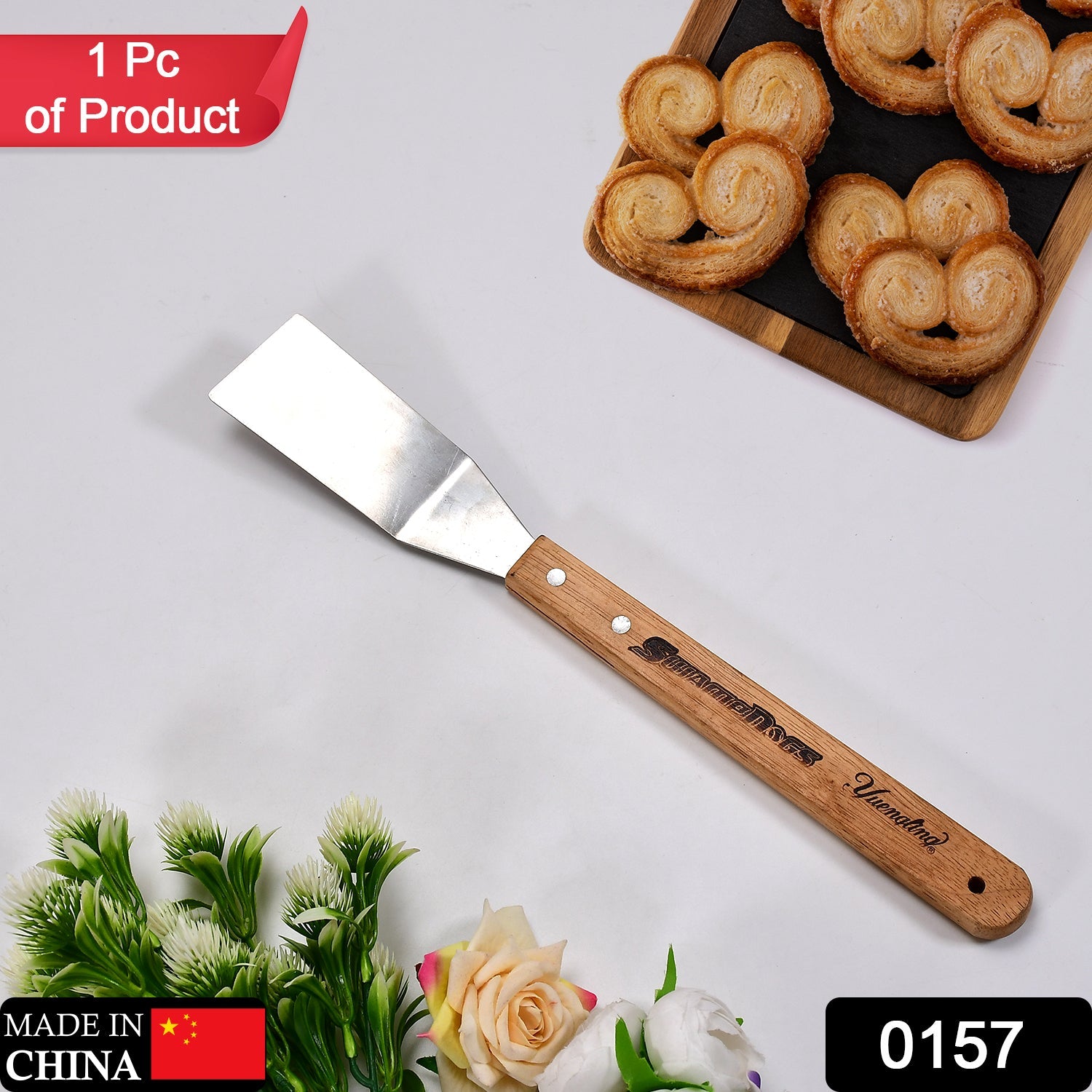 0157 Stainless Steel Barbecue Spatula BBQ Spatula BBQ Tong With Wooden Handle Lifting Spatula 