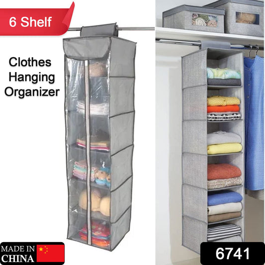 6741 Non-Woven Fabric Cloth 6 Selves Hanging Storage Wardrobe Organizer with PVC Zippered Closure 6 Layers Chain Cloth 