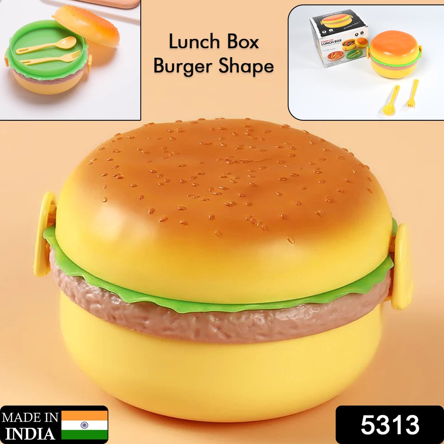 5313 Burger Shape Lunch Box Plastic Lunch Box Food Container Sets Double Layer Lunchbox 1000ml With 2 Spoon Applicable to Kids and Elementary School Students 