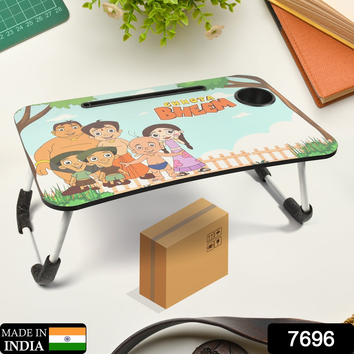 7696 Chhota Bheem Design Foldable Bed Study Table Portable Multifunction Laptop Table Lapdesk for Children Bed Foldable Table Work Office Home with Tablet Slot & Cup Holder 