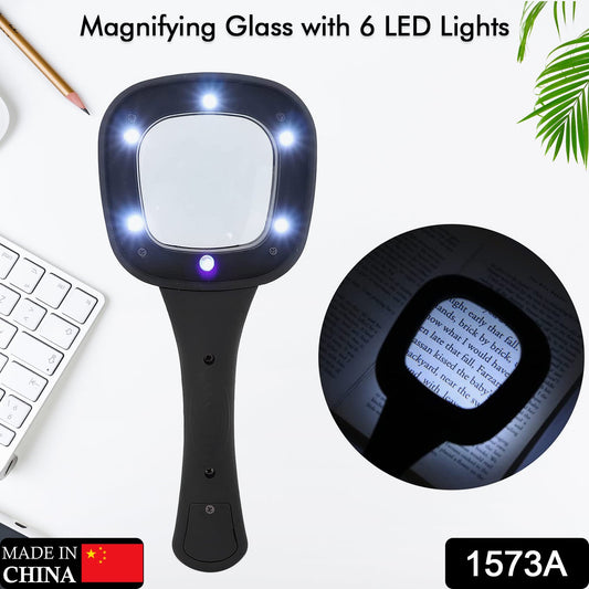 1573A Handheld Magnifying Glass 6 LED Illuminated Lighted Magnifier for Seniors Reading, Soldering, Inspection, Coins, Jewelry, Exploring 