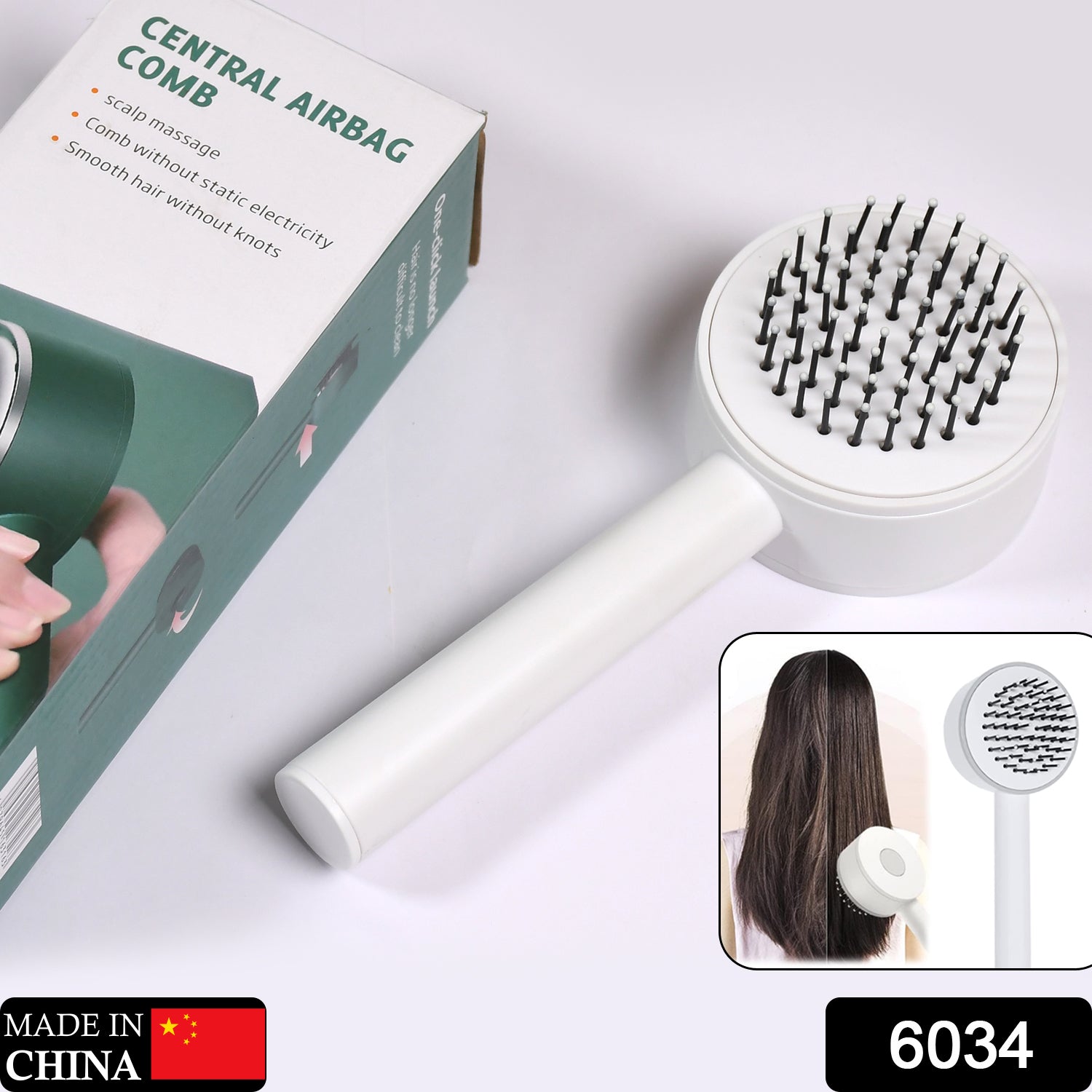 6034﻿ Air Cushion Massage Brush, Airbag Massage Comb with Long Handle, Self-Cleaning Hair Brush, Detangling Anti-Static for All Hair 