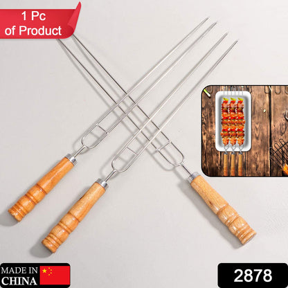 2878 Stainless Steel Double Prongs Roasting Stick BBQ Barbecue Fork Kebab Skewers Wooden Handle 