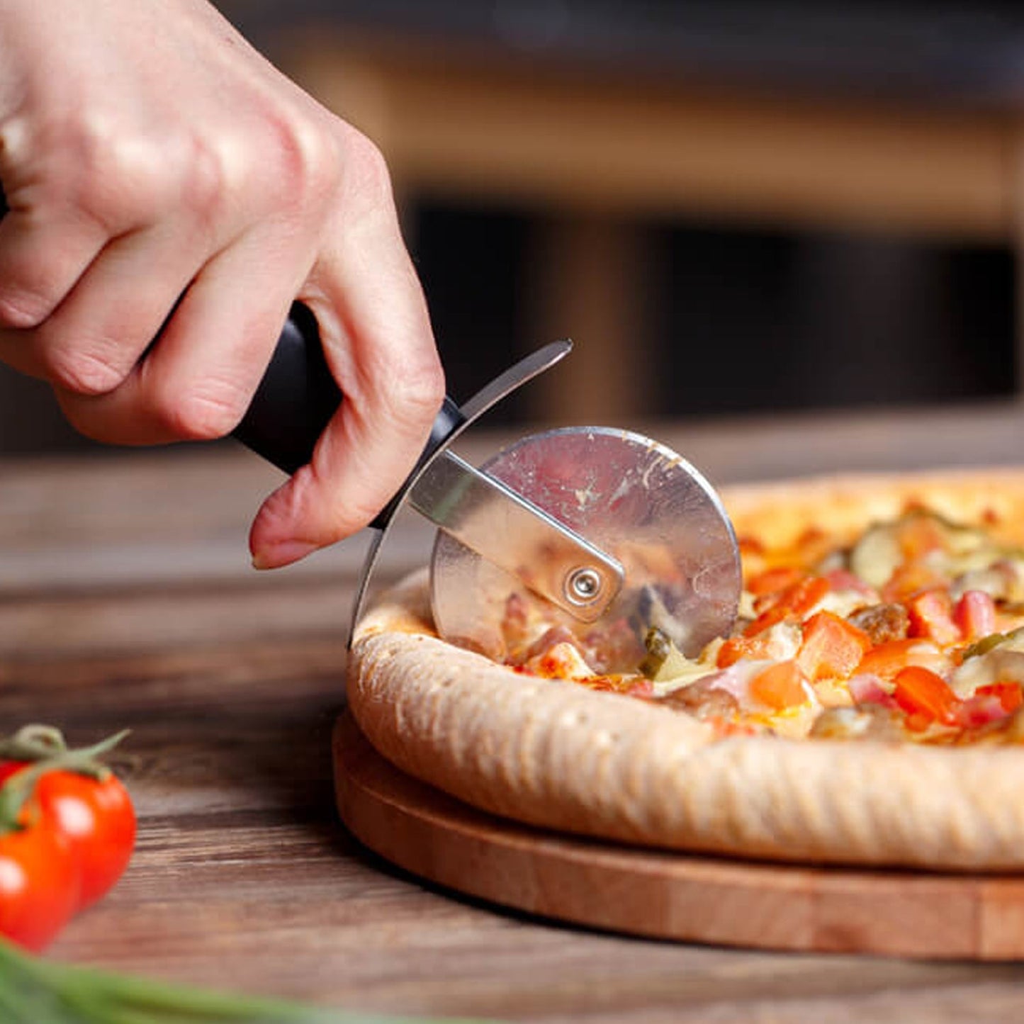 2049 Stainless Steel Pizza Cutter with black handle, Sandwich & Pastry Cutter, Sharp, Wheel Type Cutter. 