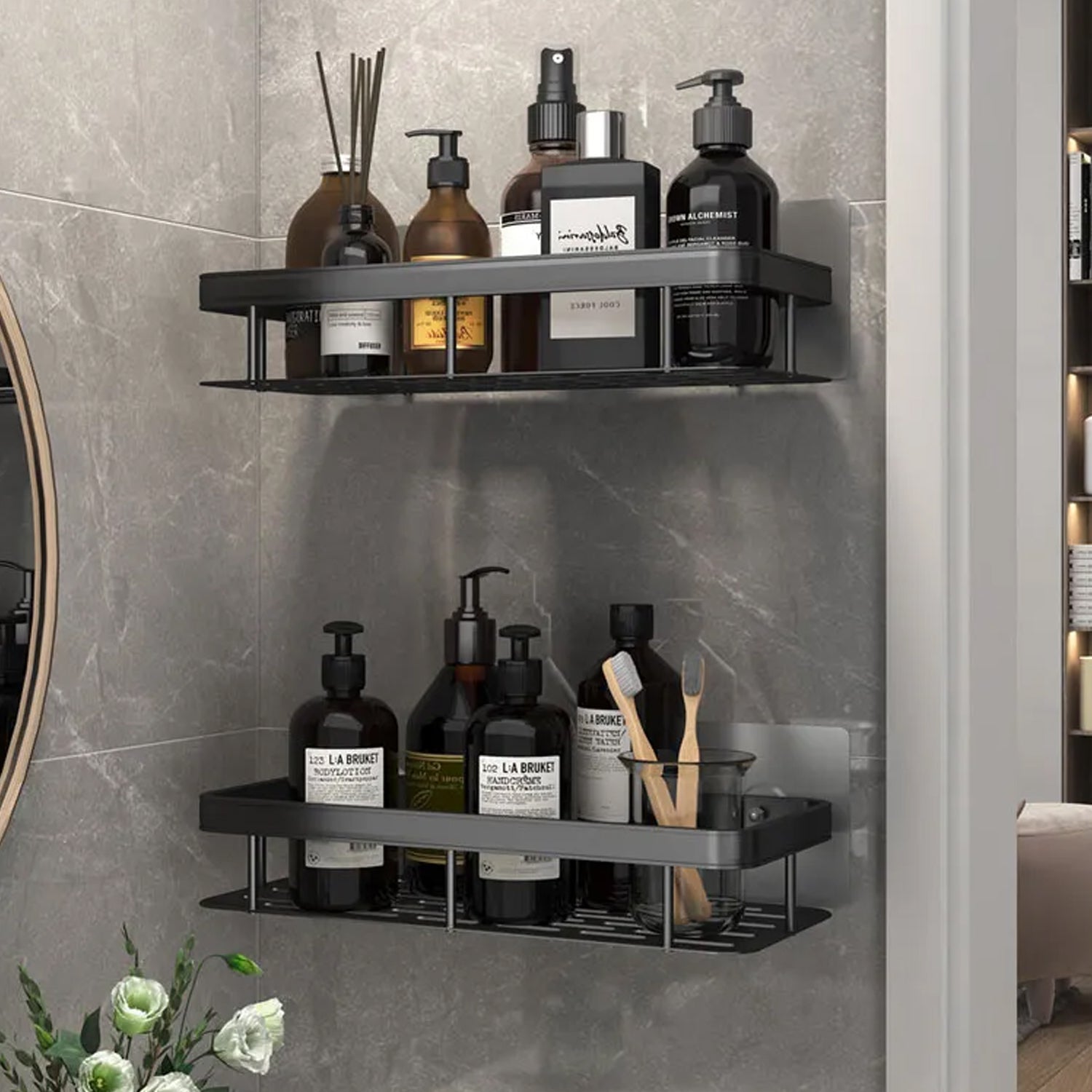 8083 Storage Rack Bathroom High Quality Metal Alloy Black Wall Mounted Shower Rack, Shelf For Bathroom Storage 