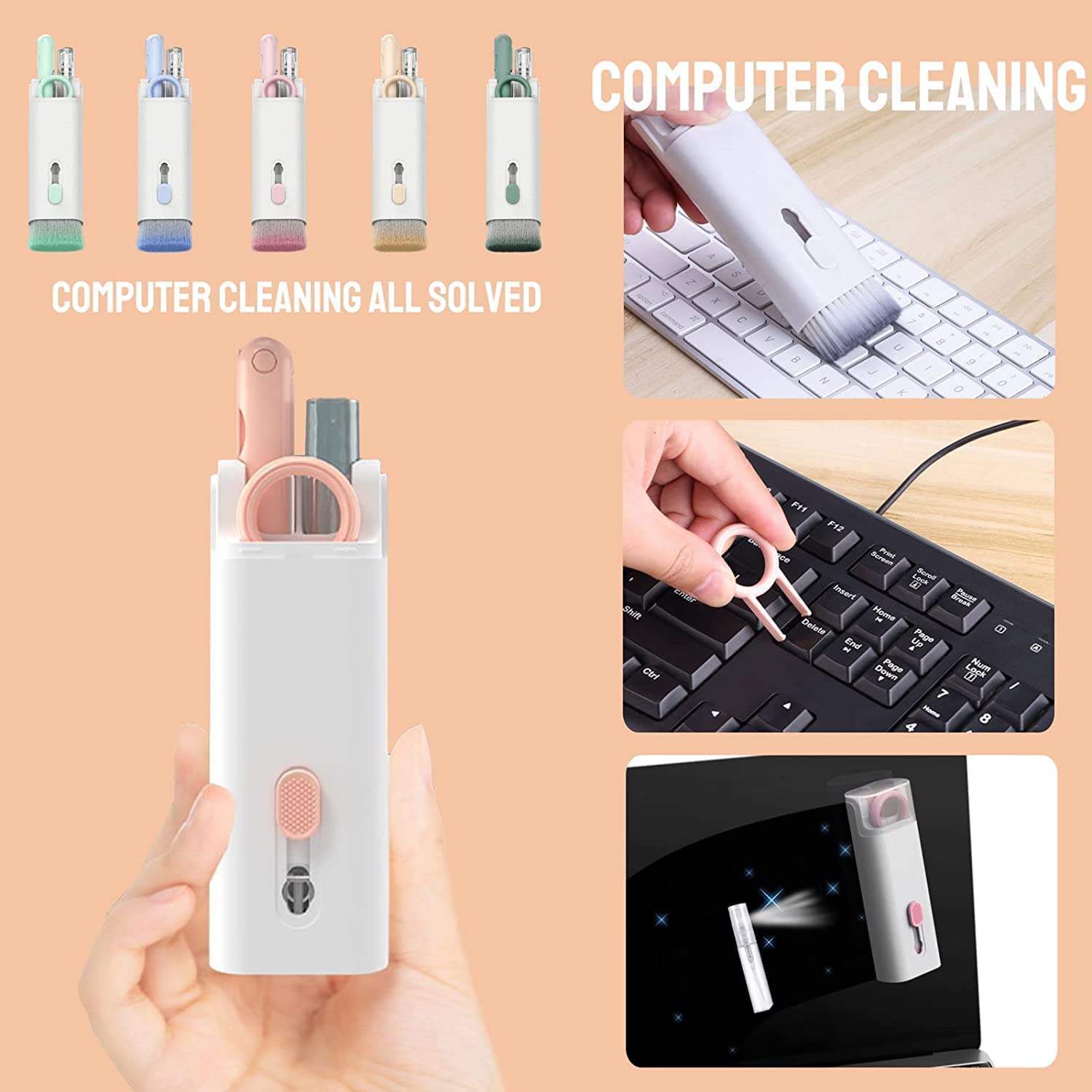 6462 7 in 1 Electronic Cleaner kit, Cleaning Kit for Monitor Keyboard Airpods, Screen Dust Brush Including Soft Sweep, Swipe, Airpod Cleaner Pen, Key Puller and Spray Bottle 