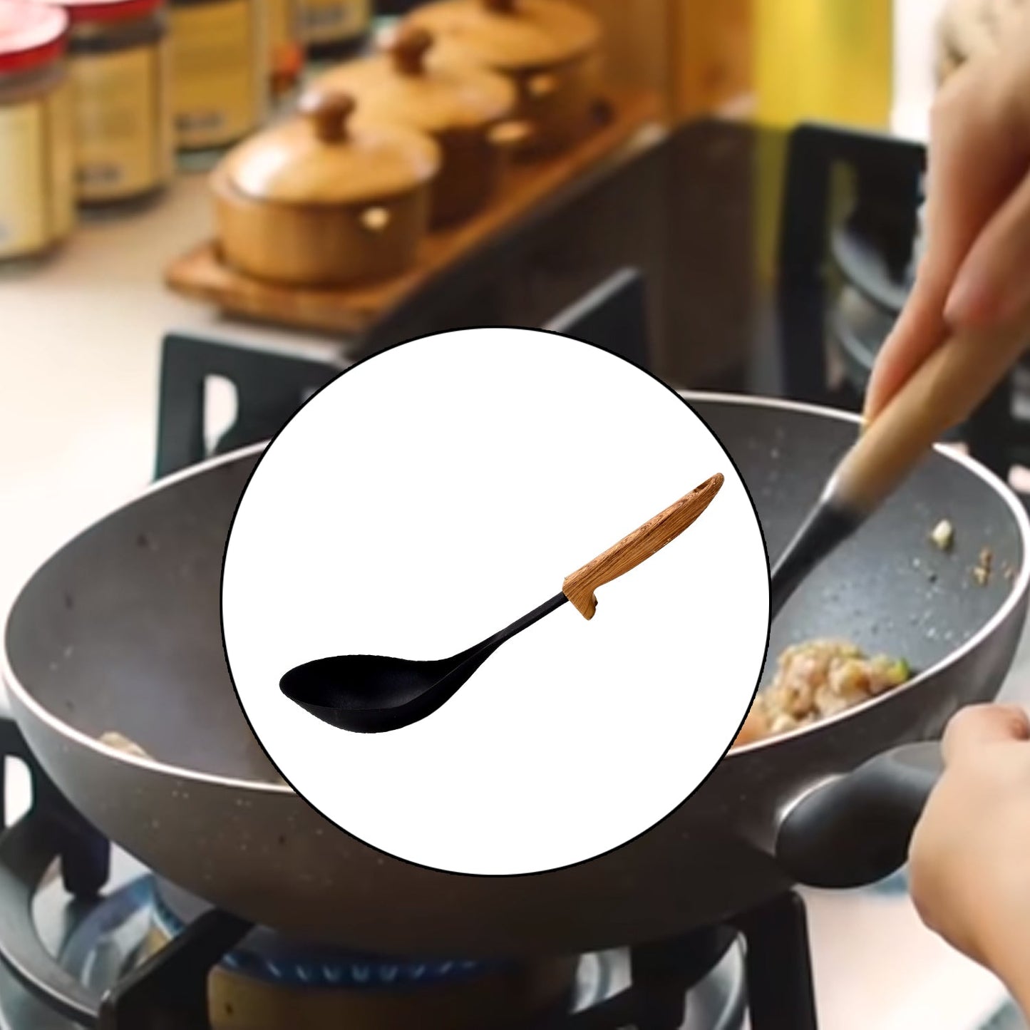 0183 Silicone Soup laddle Cooking Utensils Kitchen Utensil Set Heat Resistant Wooden Handles Kitchen Gadgets Tools Set for Nonstick Cookware 