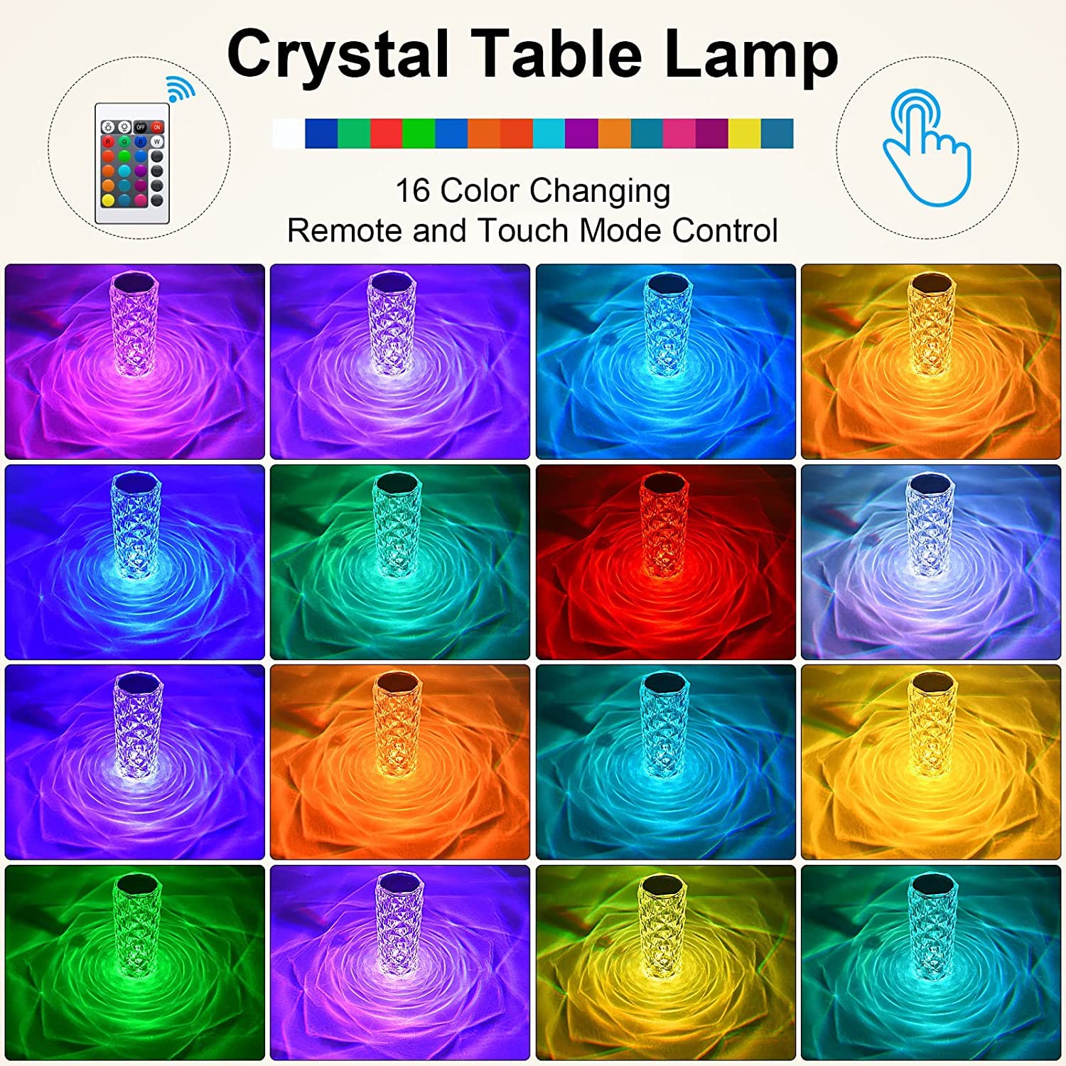 6604 Crystal Touch Night Light (16 Colors) - Rose Diamond Table Lamp with Remote Control, USB Table Lamp, Romantic Date Lighting Decor for Festival, Bedroom, Dining Room 