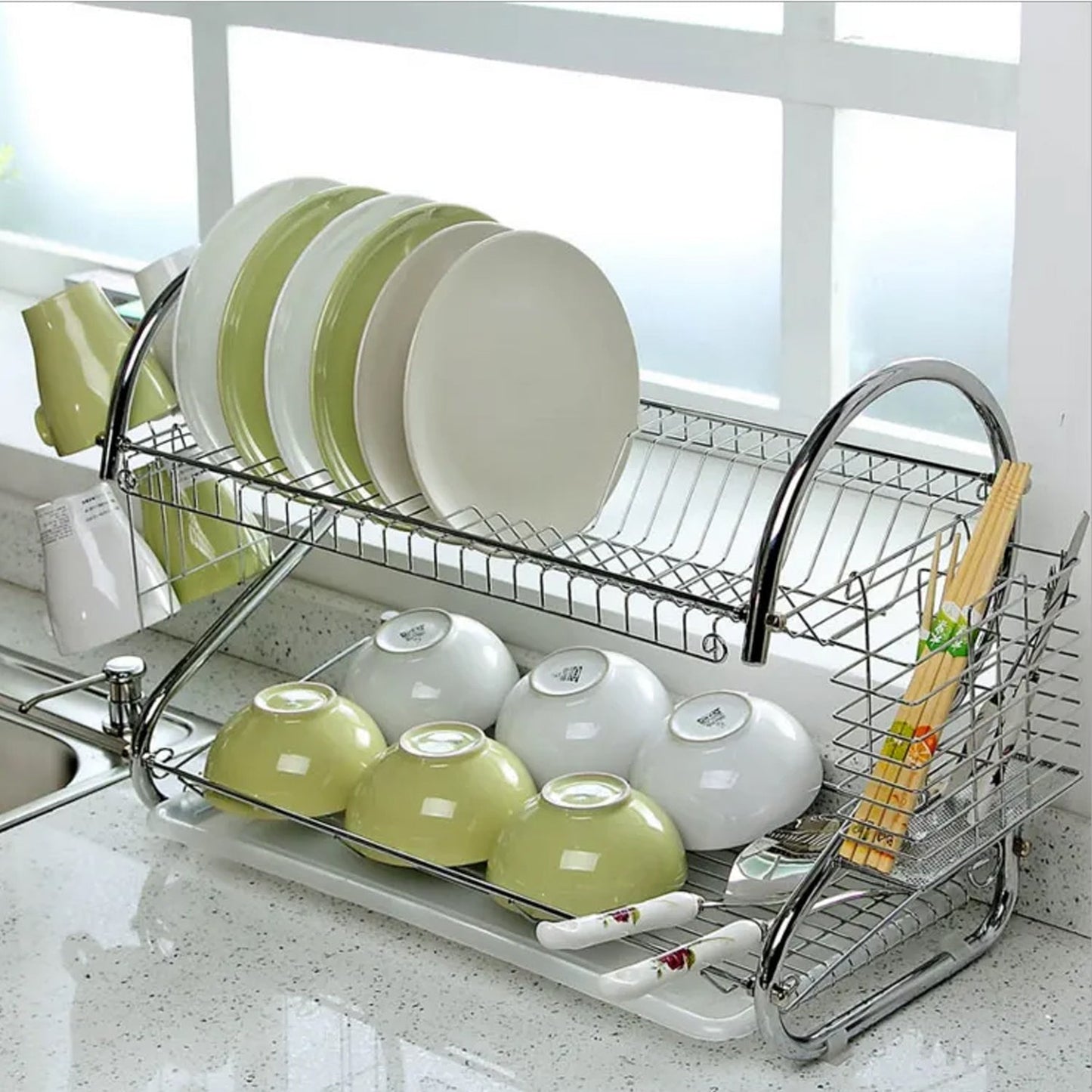 7665 Two Layer Dish Drying Rack with Drain Board Dish Rack with Utensil Holder 