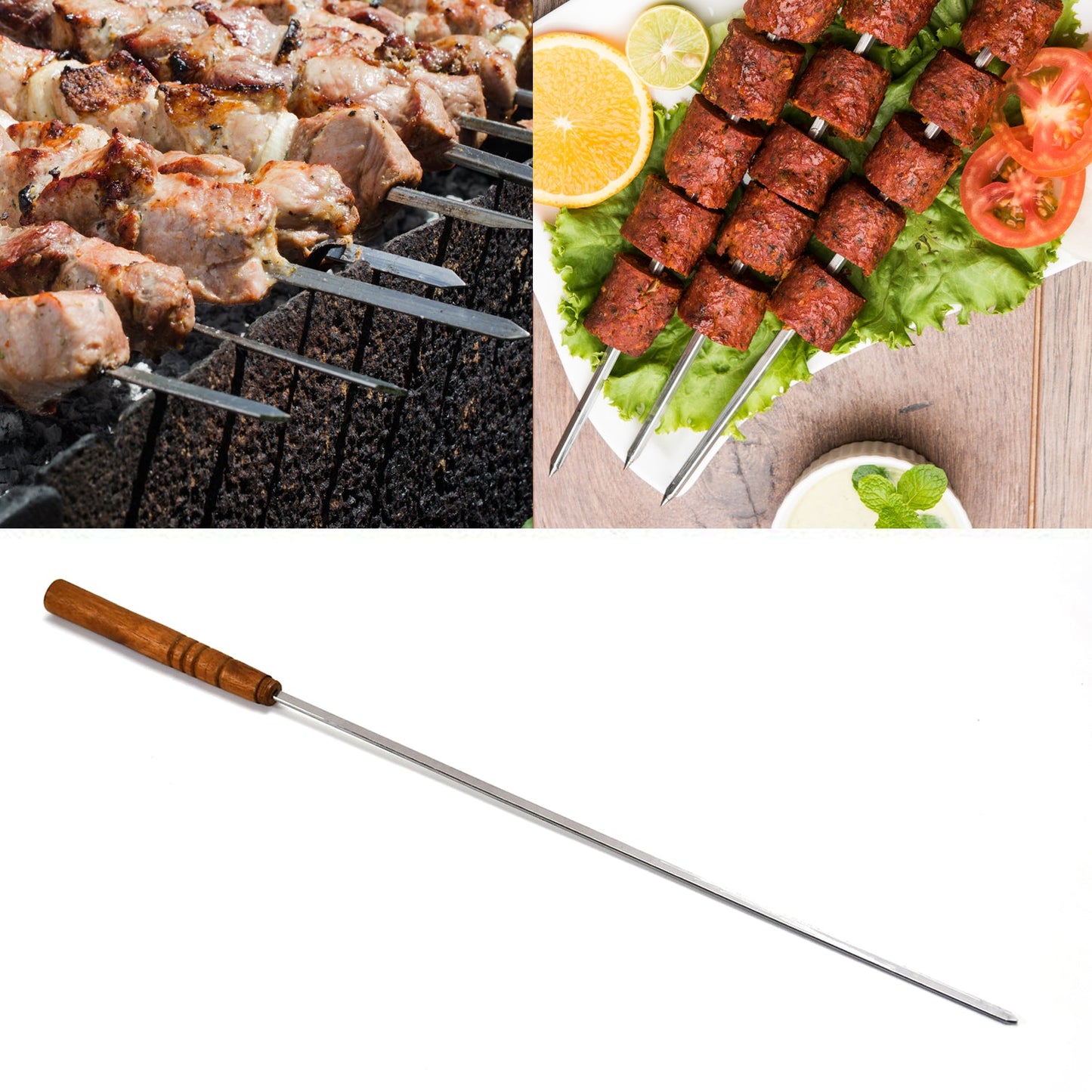 7099 Non Bending Reusable Long Wooden Thick Handle BBQ Grill Paneer Tikka Kebab Seekh Barbeque Skewers. 