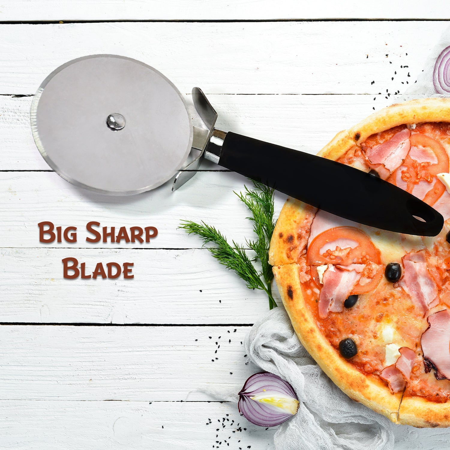 2049 Stainless Steel Pizza Cutter with black handle, Sandwich & Pastry Cutter, Sharp, Wheel Type Cutter. 