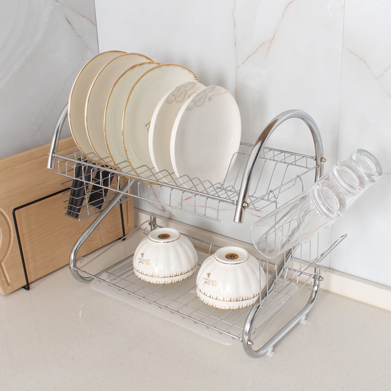 7665 Two Layer Dish Drying Rack with Drain Board Dish Rack with Utensil Holder 