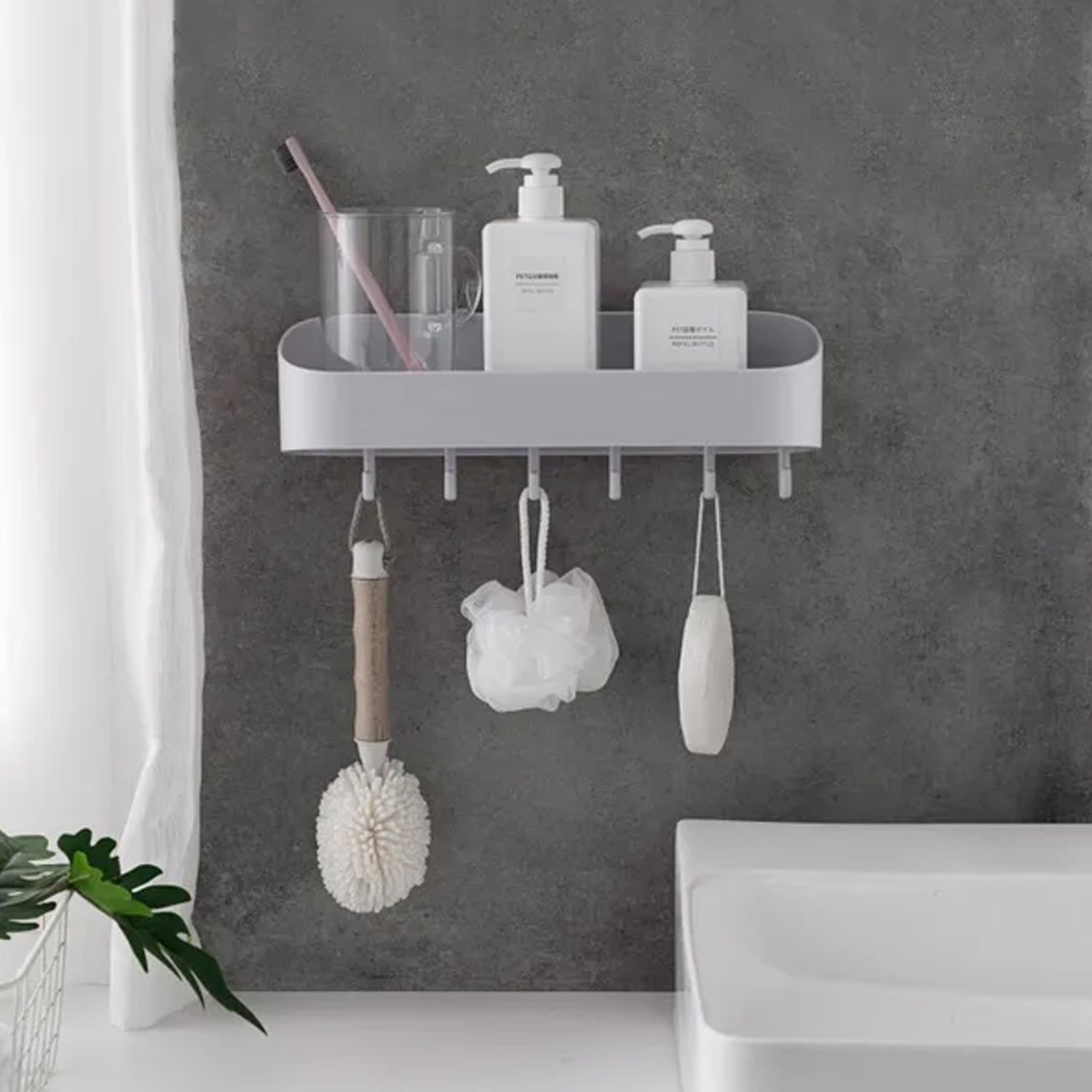 4058 Multipurpose Bathroom Kitchen Shelf Plastic Wall Storage Organizer with 6 Hooks Without Drill self Adhesive and Magic Sticker 