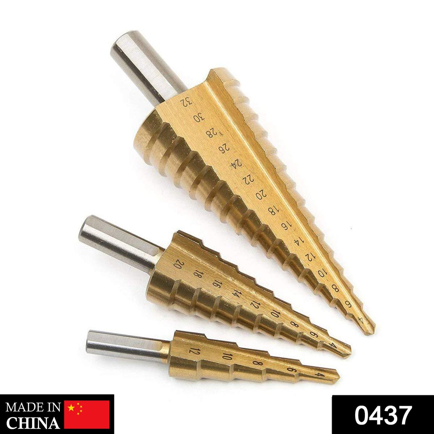 437 -3X Large HSS Steel Step Cone Drill Titanium Bit Set Hole Cutter (4-32, 4-20, 4-12mm) 