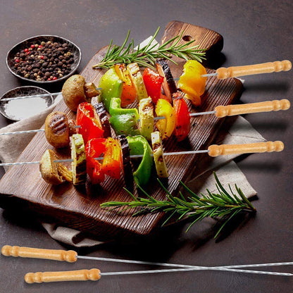 7099 Non Bending Reusable Long Wooden Thick Handle BBQ Grill Paneer Tikka Kebab Seekh Barbeque Skewers. 