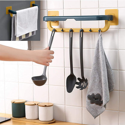 1515 Wall Mounted Double Bar Towel Holder with Hooks | Multifunctional Adjustable Towels Rack for Kitchen/Bathroom | Folding Towel Shelf 