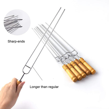 2878 Stainless Steel Double Prongs Roasting Stick BBQ Barbecue Fork Kebab Skewers Wooden Handle 