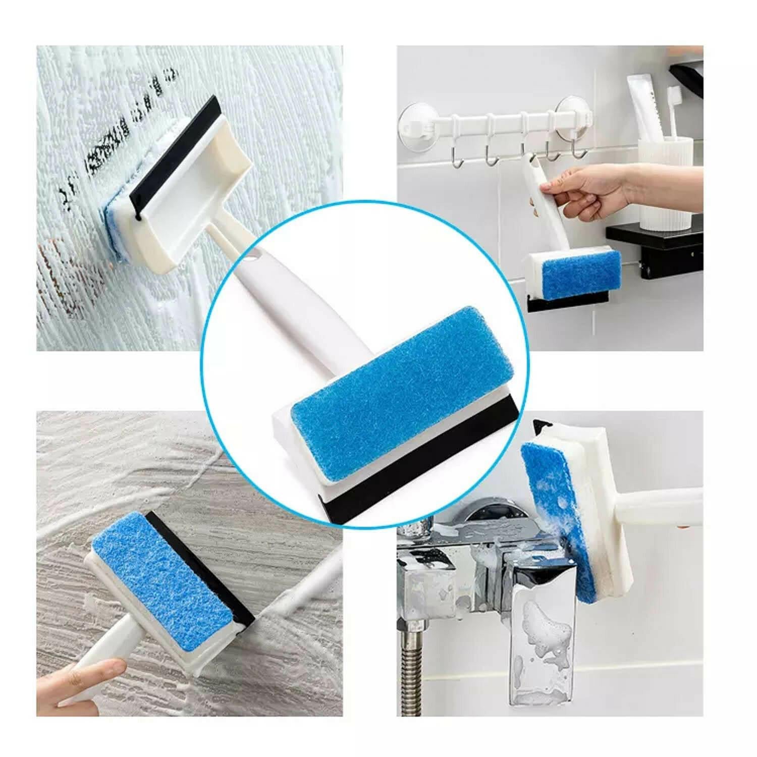 7602 2 in 1 Glass Wiper Cleaning Brush Mirror Grout Tile Cleaner Washing Pot Brush Double-Sided Glass Wipe Bathroom Wiper Window Glass Wiper 