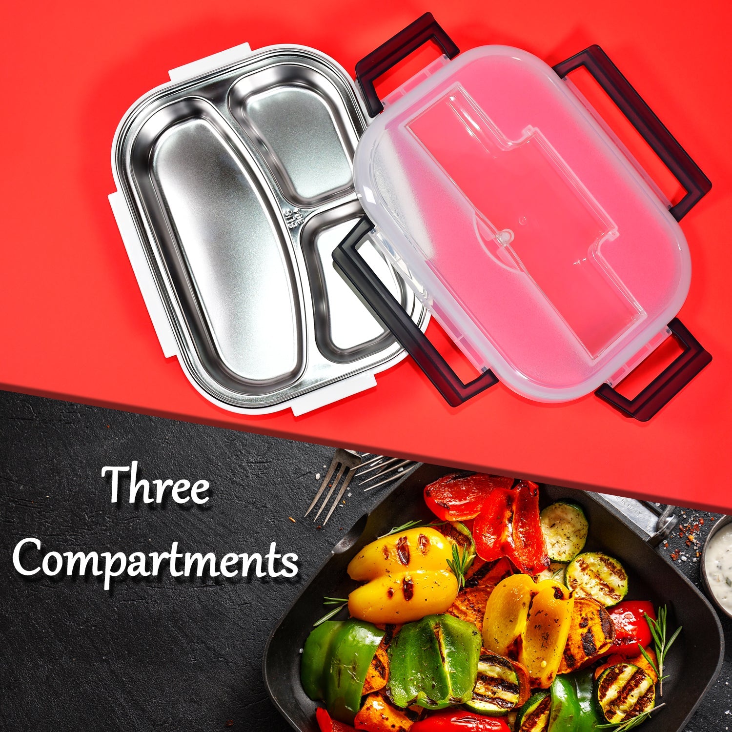 2977 Lunch Box for Kids and adults, Stainless Steel Lunch Box with 3 Compartments With spoon slot. 