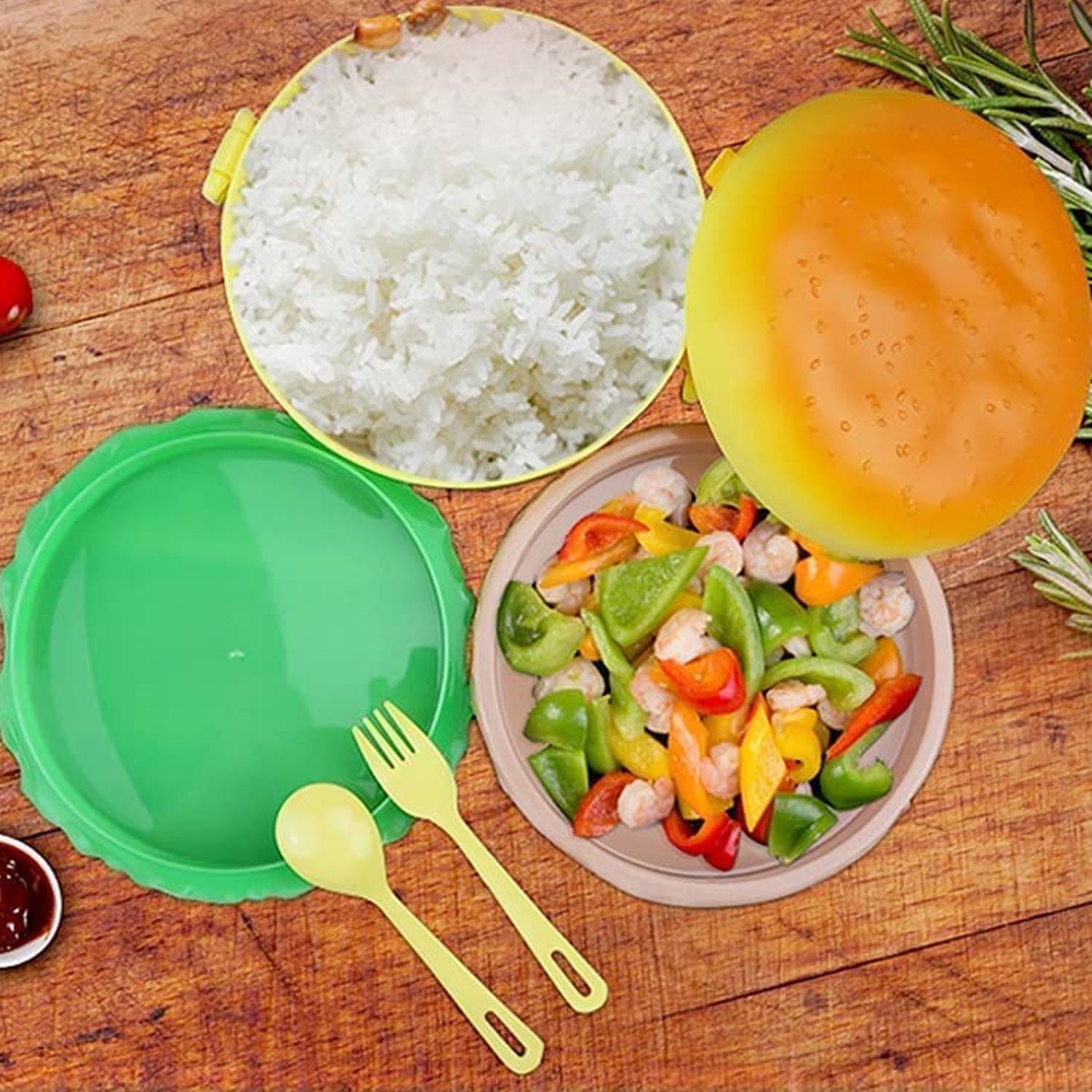 5313 Burger Shape Lunch Box Plastic Lunch Box Food Container Sets Double Layer Lunchbox 1000ml With 2 Spoon Applicable to Kids and Elementary School Students 