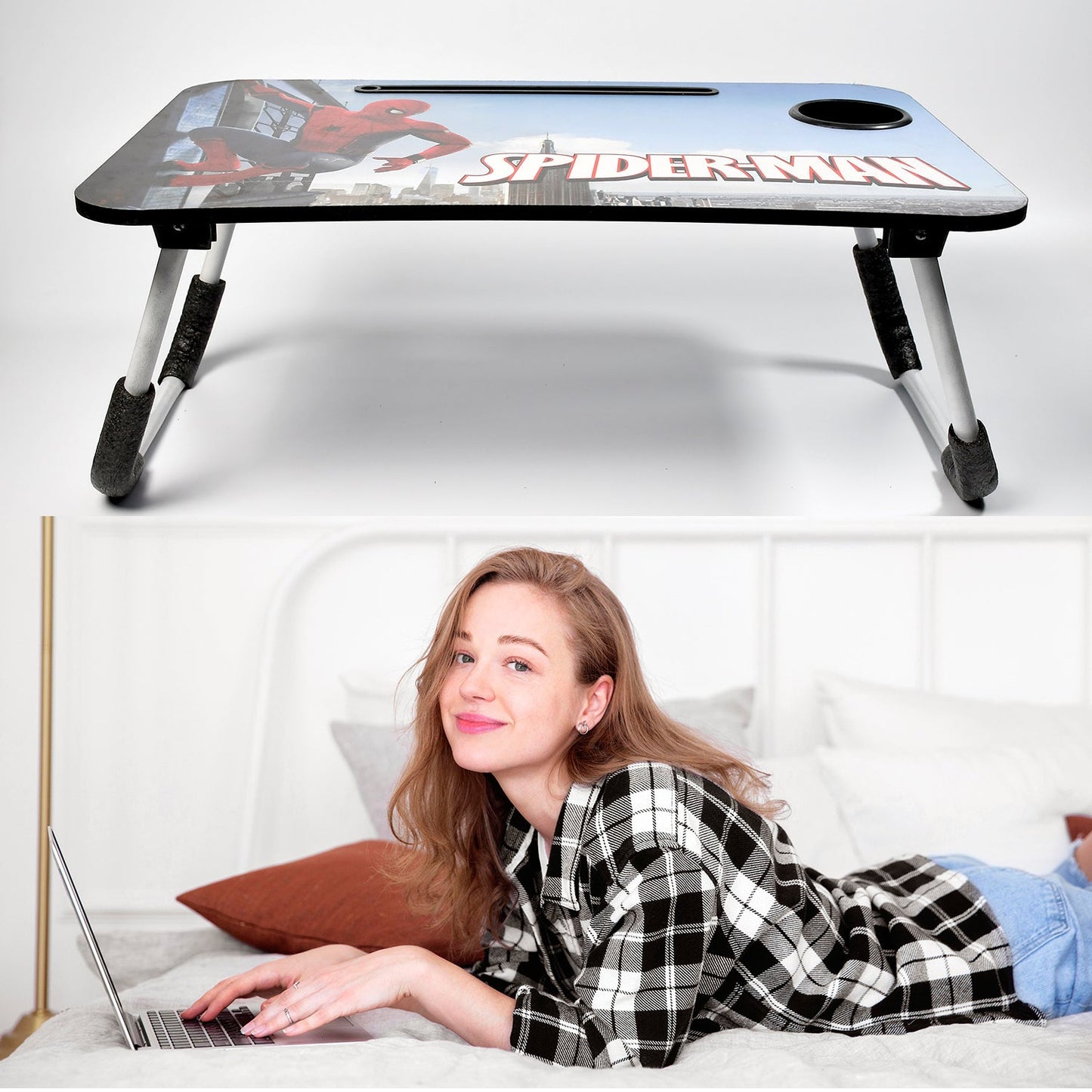 7692 Foldable Laptop Spiderman Printed Table for Adults , Portable Study Table for Kids, Work from Home Lapdesk with Tablet Holder and Cupholder Table 