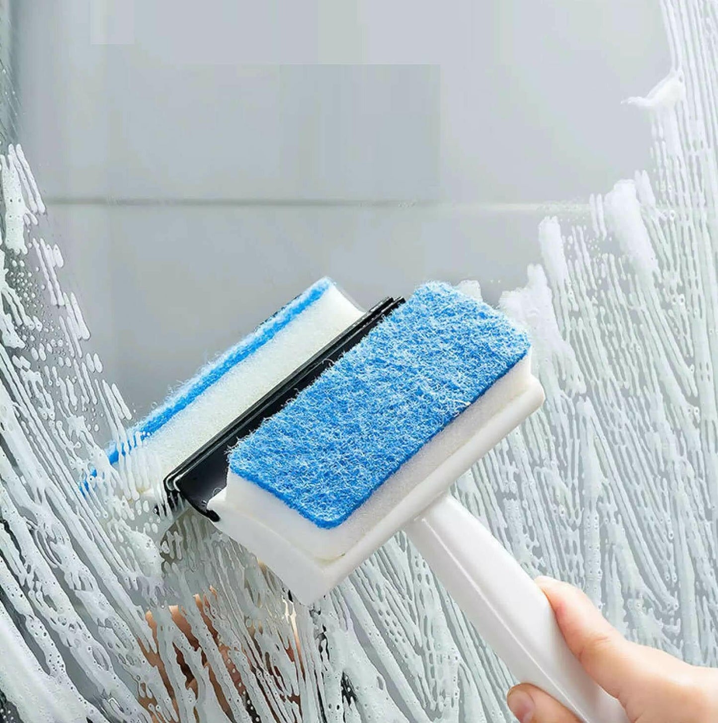 7602 2 in 1 Glass Wiper Cleaning Brush Mirror Grout Tile Cleaner Washing Pot Brush Double-Sided Glass Wipe Bathroom Wiper Window Glass Wiper 