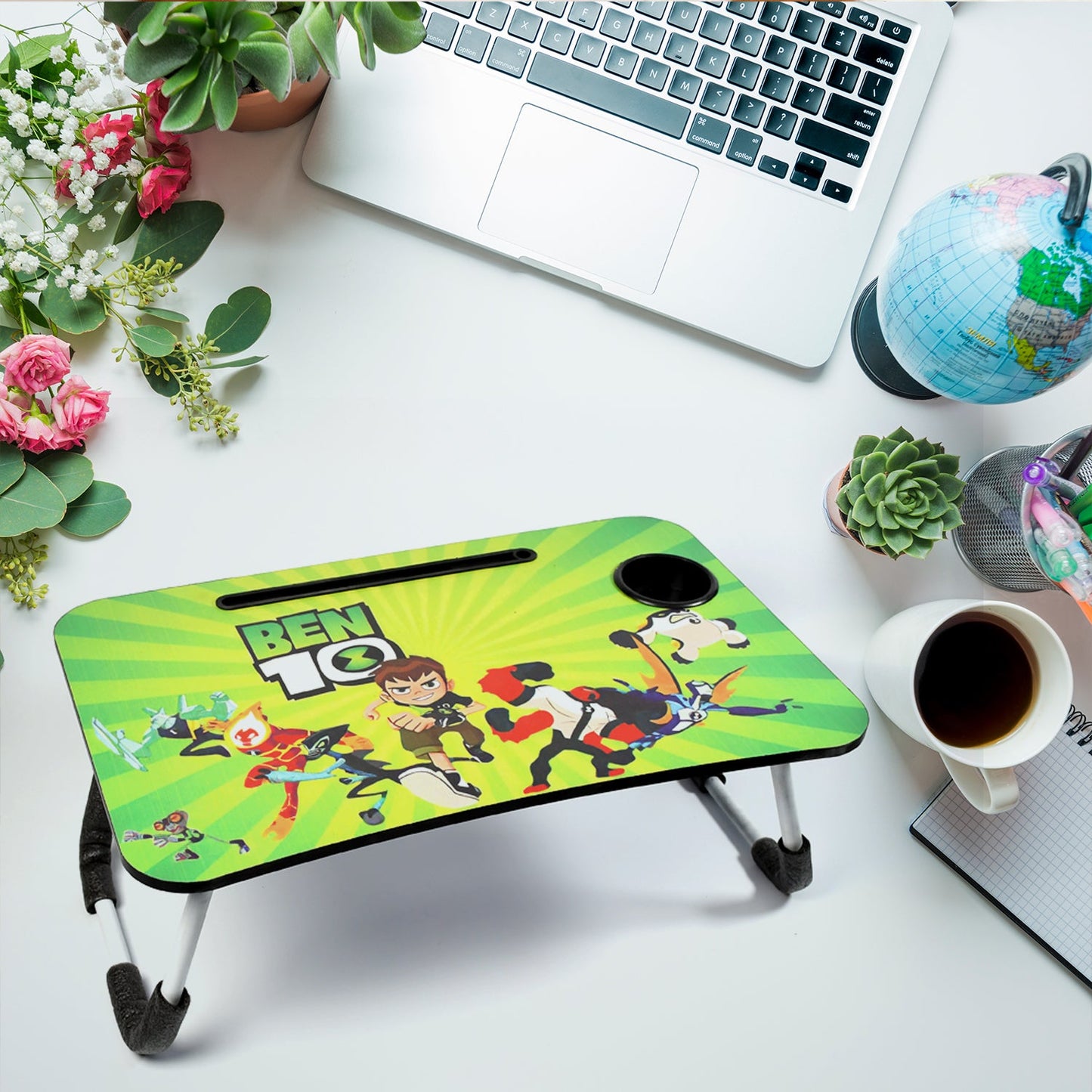 7695 Ben 10 Design Foldable Bed Study Table Portable Multifunction Laptop Table Lapdesk for Children Bed Foldable Table Work Office Home with Tablet Slot & Cup Holder 