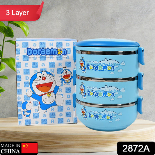 2872A 3 Layer Doraemon Lunch Box Tiffin High Quality Steel Lunch Box  3 Layer Tiffin For School ,Office & Traveling Use 