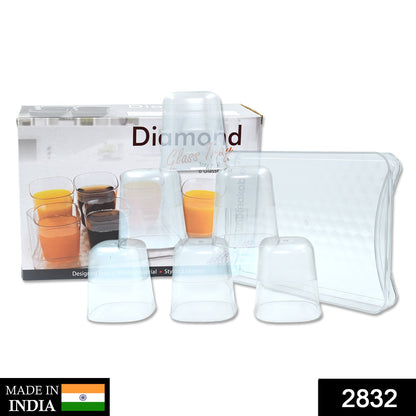 2832 6pc Glasses Set With tray Stylish Transparent Water Glass/Juice Glass/Beer Glass/Wine Glass Plastic Glass Set 