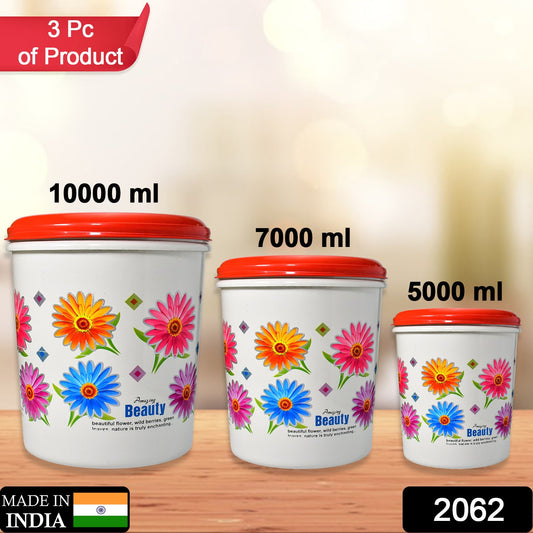 2062 Kitchen Airtight & Food Grade Plastic Floral Design Grocery Storage Container/Jar. Set of 3pcs - 5000ML, 7000ML, 10000ML 