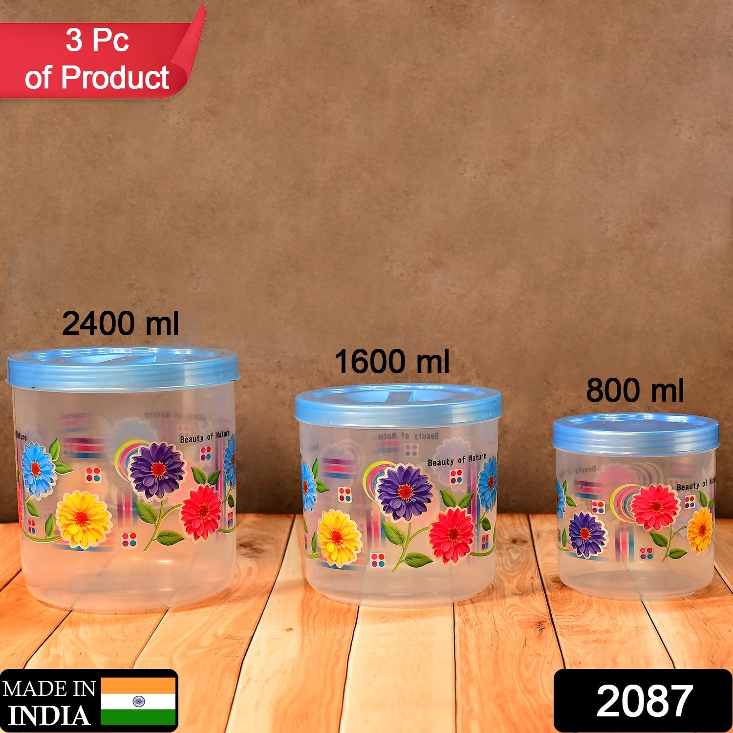 2087  Kitchen Plastic Floral Design Grocery Storage Container/Jar. Set of 3pcs - 800ML, 1600ML, 2400ML 