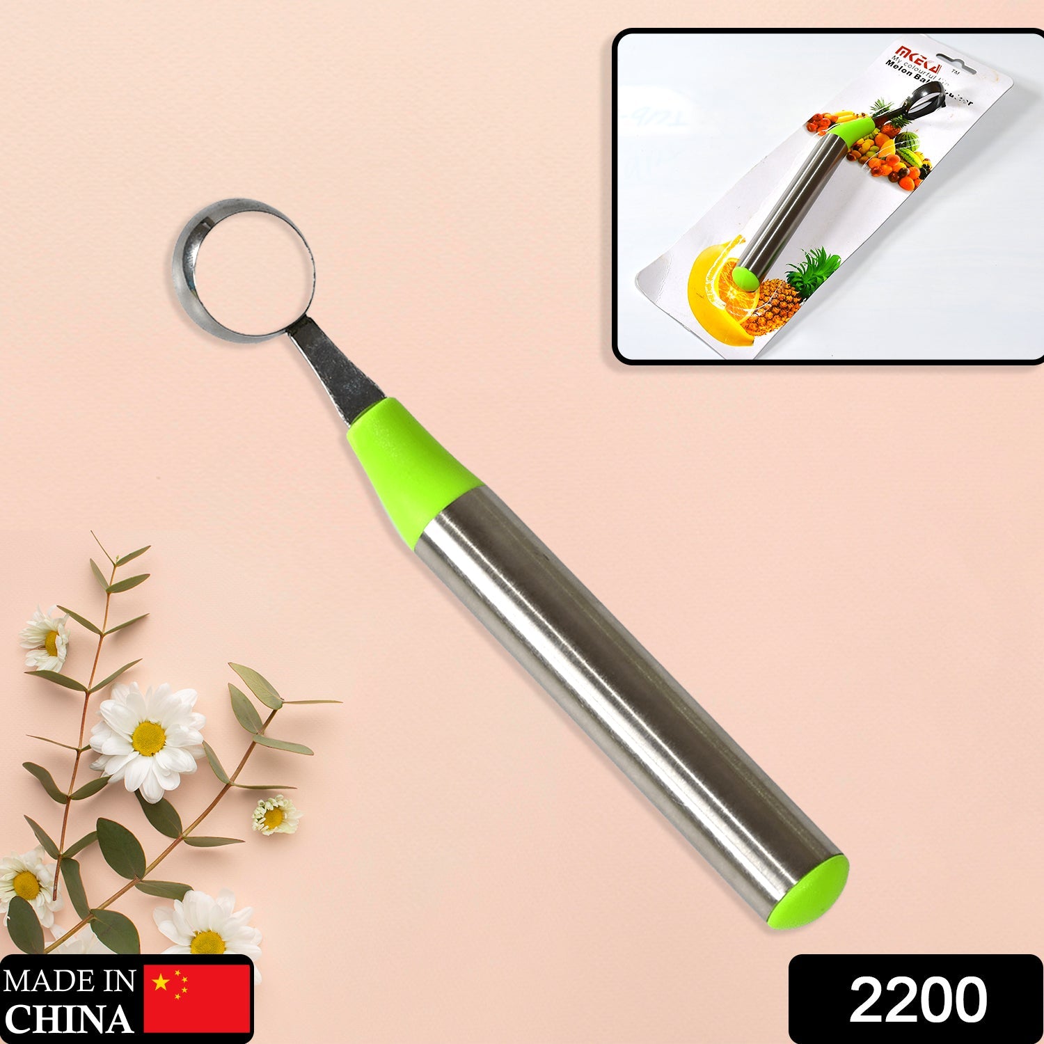 2200 Melon Baller with handle for easy grip, Melon Corer Peeler, Stainless Steel Fruit Scooper Tool. 