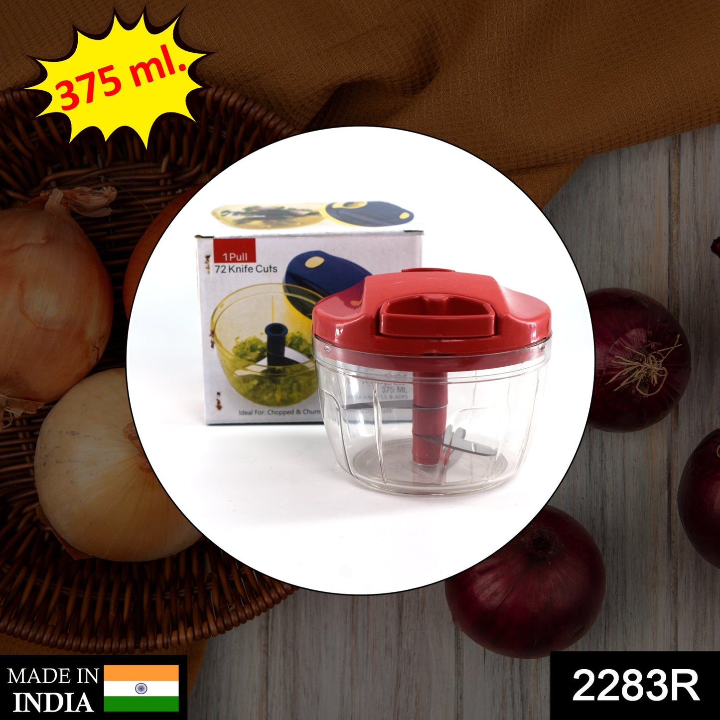 2283R Manual Red mini plastic food chopper with extra sharp blades (375 Ml) 