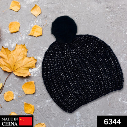 6344 Men's and Women's Skull Slouchy Winter Woolen Knitted Black Inside Fur Beanie Cap. 