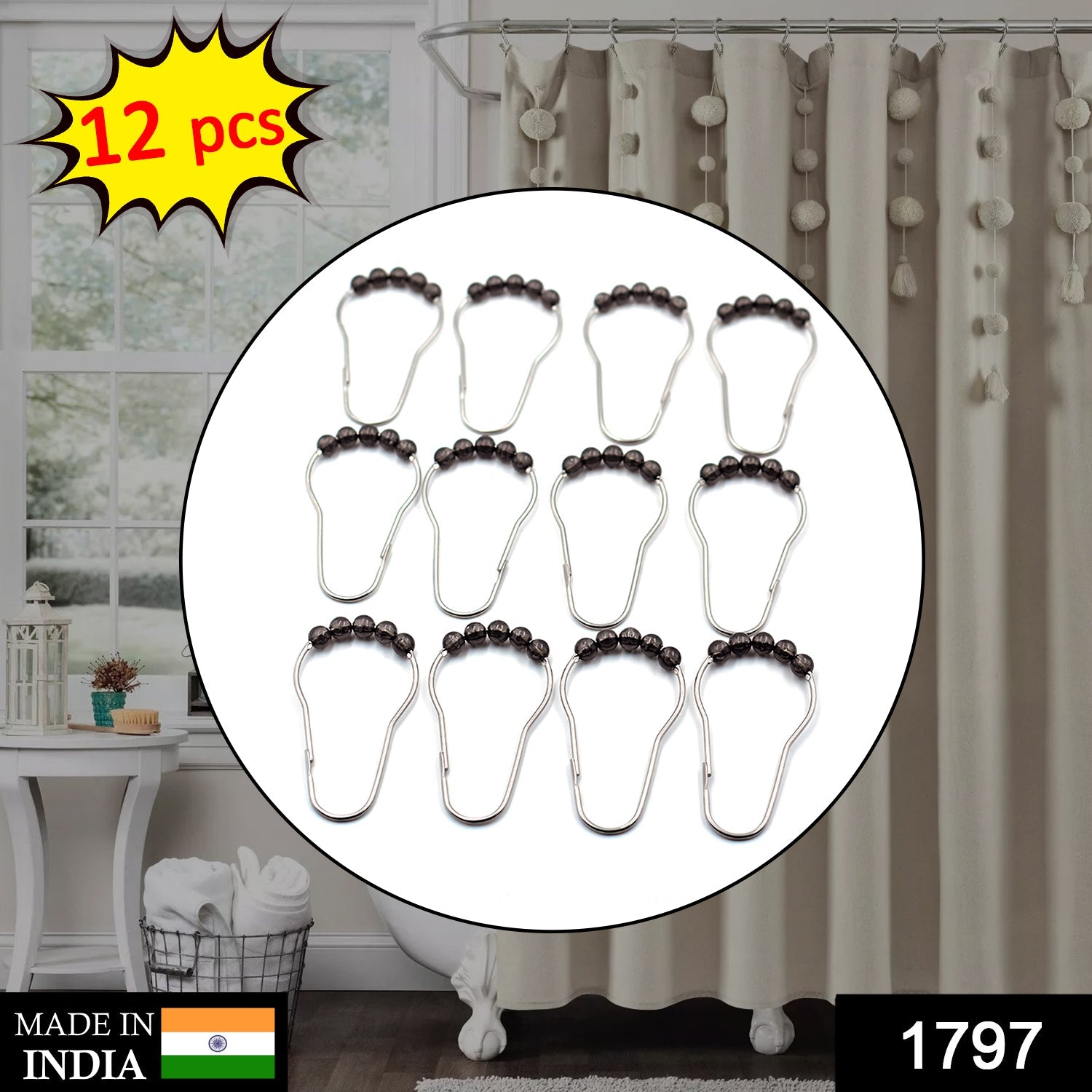 1797 Stainless Steel Bath Drape Clasp Curtain Hooks (Pack of 12 Pcs) 