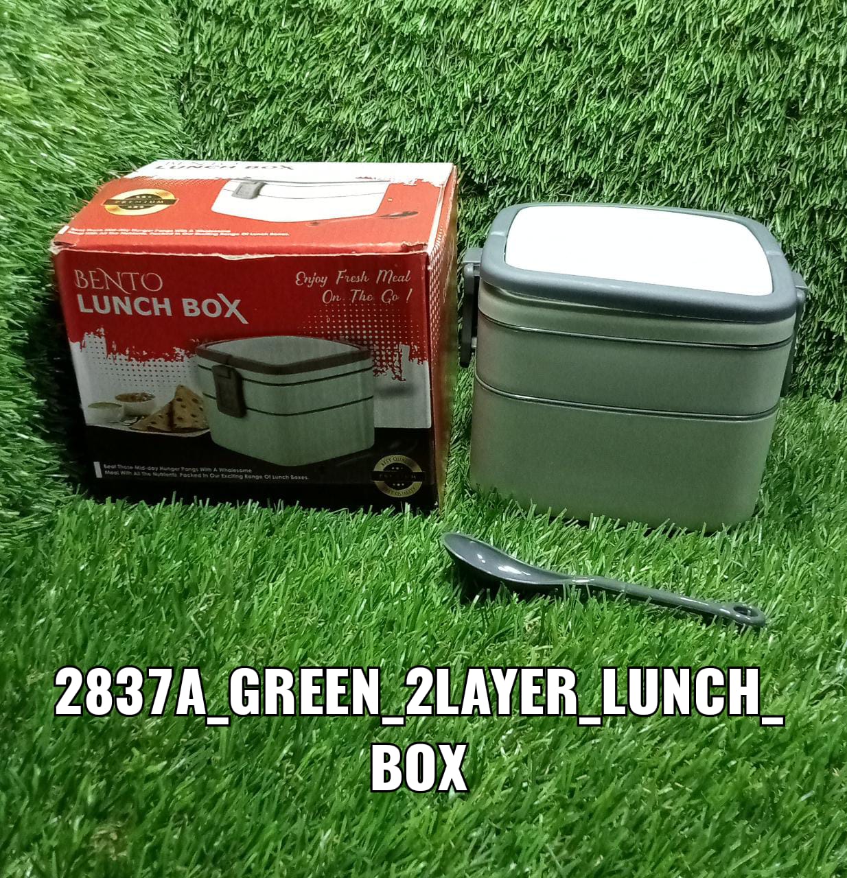 2837A GREEN DOUBLE-LAYER PORTABLE LUNCH BOX STACKABLE WITH CARRYING HANDLE AND SPOON LUNCH BOX , Bento Lunch Box 