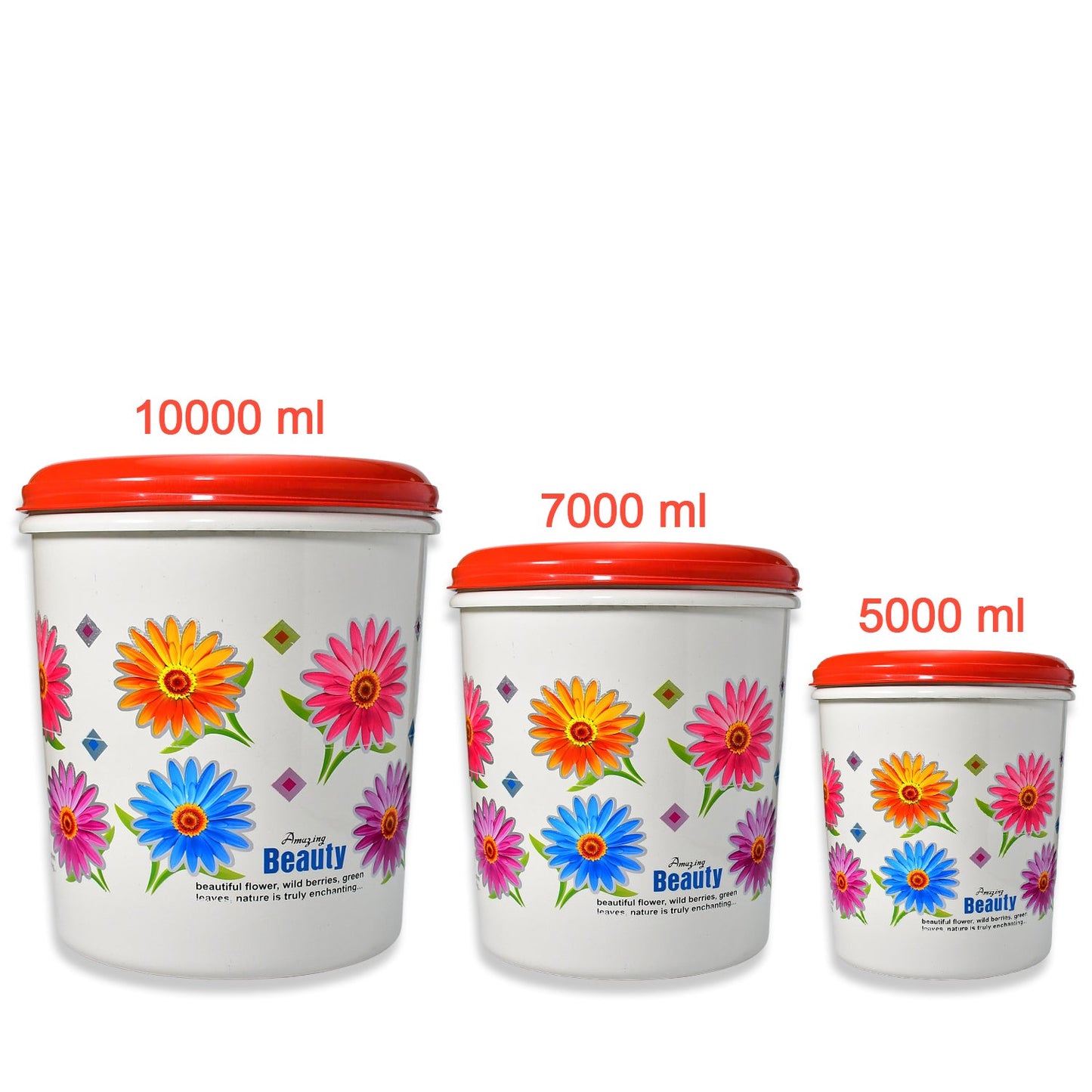 2062 Kitchen Airtight & Food Grade Plastic Floral Design Grocery Storage Container/Jar. Set of 3pcs - 5000ML, 7000ML, 10000ML 