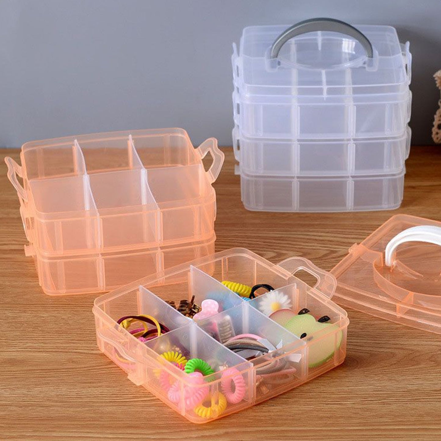 2644 3-Tier 18 Sections Transparent Stackable Adjustable Compartment Slot Plastic Craft Storage Box DeoDap