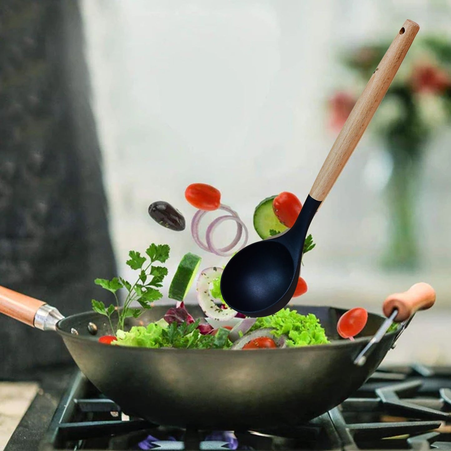 2078 Non Stick Silicon Spoon with Wooden Handle, Silicone Ladle for Cooking & Serving. 