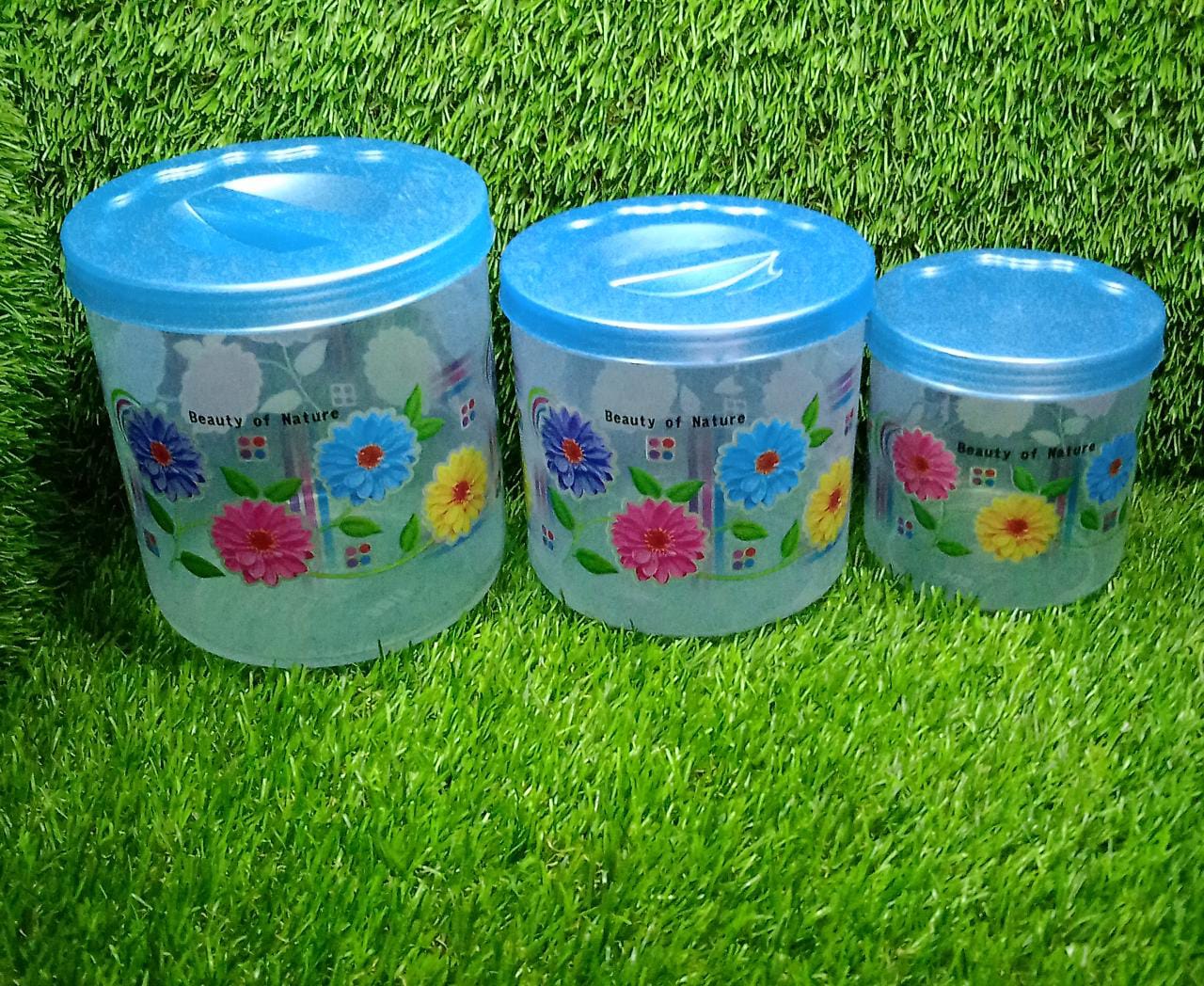 2087  Kitchen Plastic Floral Design Grocery Storage Container/Jar. Set of 3pcs - 800ML, 1600ML, 2400ML 