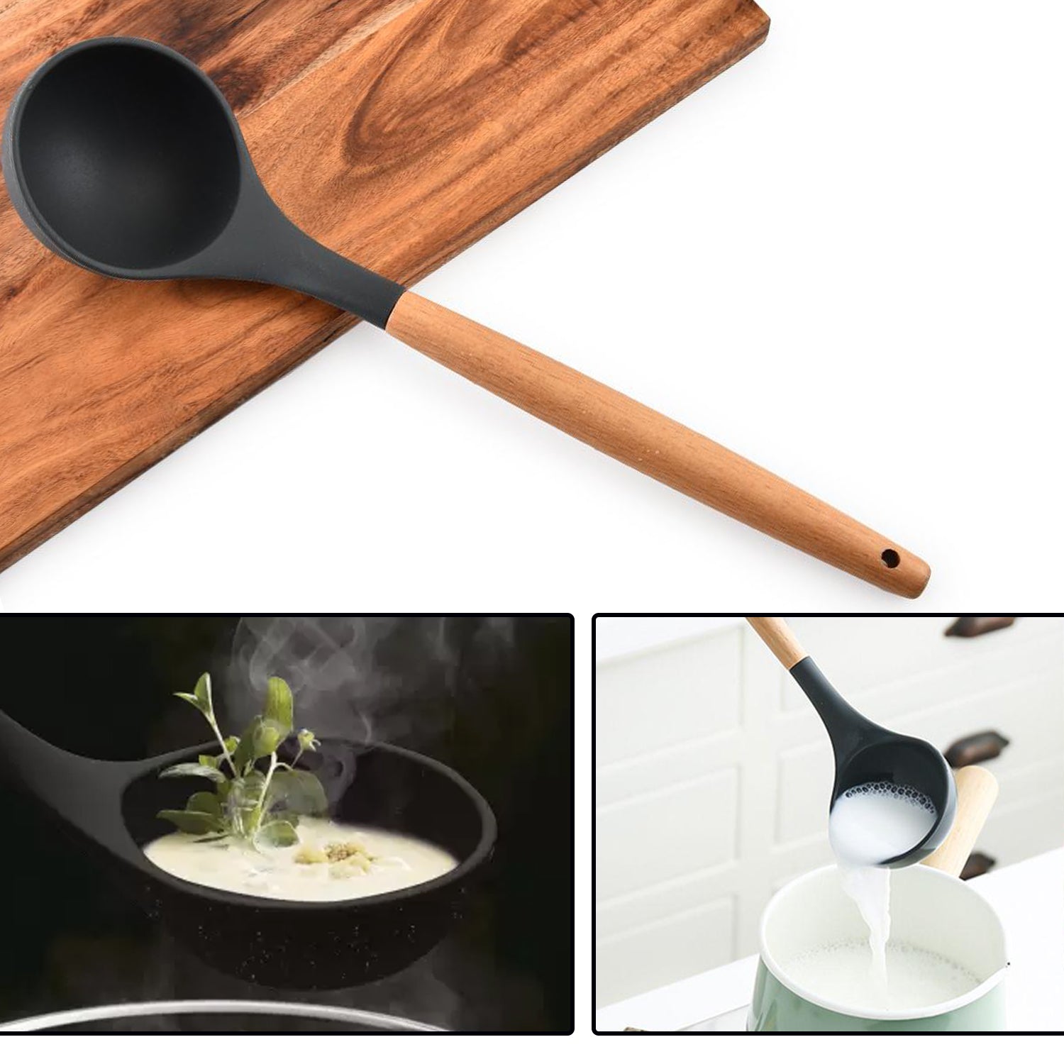 2078 Non Stick Silicon Spoon with Wooden Handle, Silicone Ladle for Cooking & Serving. 