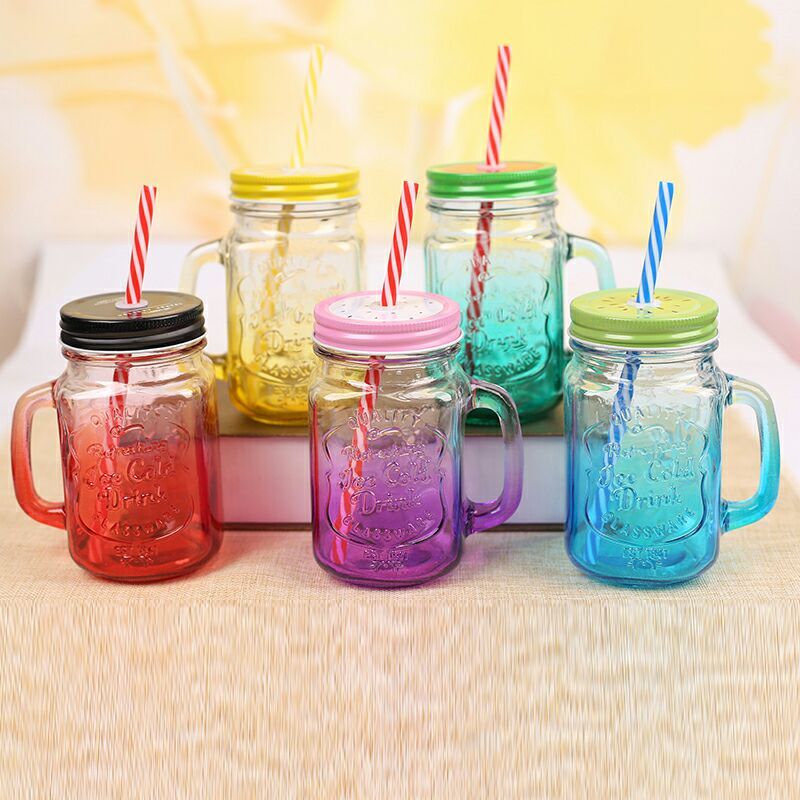 760 Drinking Cup/Glass/Mug Mason Jar with Handle & Straw DeoDap