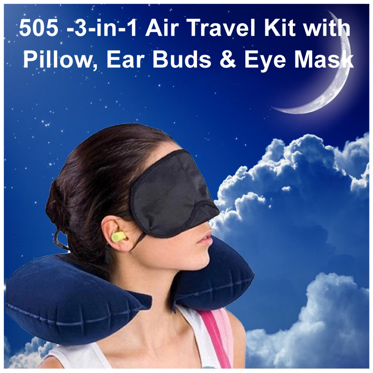 505 -3-in-1 Air Travel Kit with Pillow, Ear Buds & Eye Mask EasyGrabGet WITH BZ LOGO