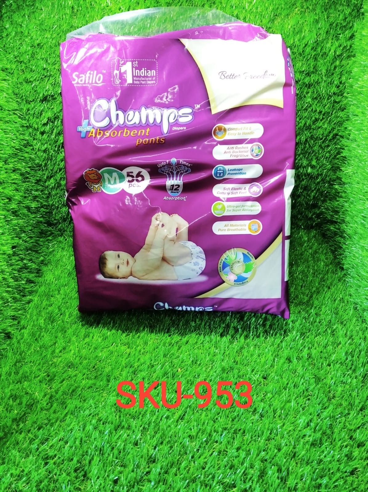 953 Premium Champs High Absorbent Pant Style Diaper Medium Size, 56 Pieces (953_Medium_56) Champs